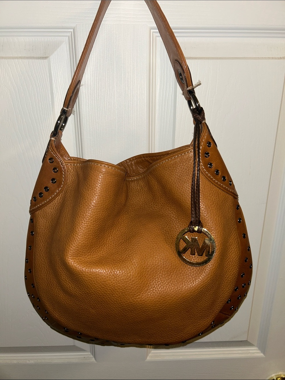 Michael Kors Cognac Pebbled Leather Studded Shoulder Hobo - Picture 1 of 10